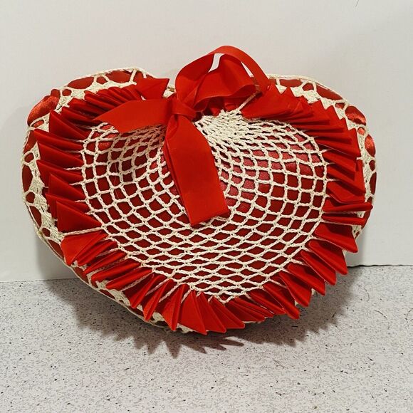 Vintage Heart Shaped Toss Pillow Red Satin Ribbons & White Crochet Caged Romance - Picture 2 of 8